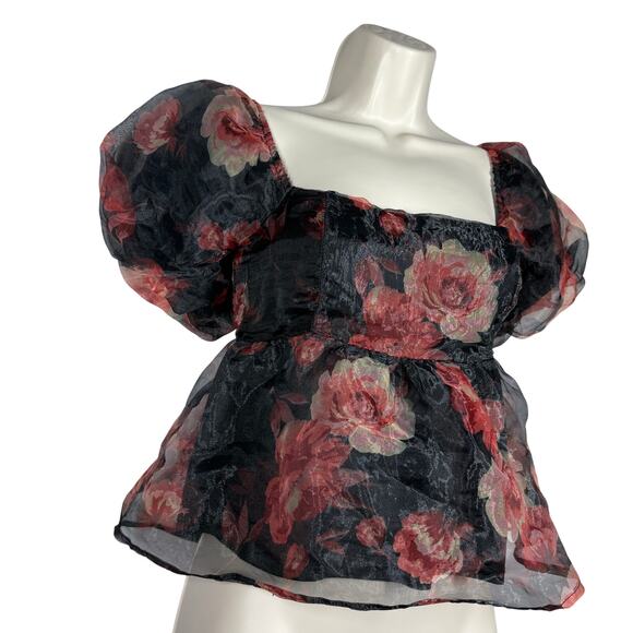 thirty / thirty LA Floral Crop Blouse Print Black Pink Top Sheer Scoop Neck - M - Picture 3 of 5